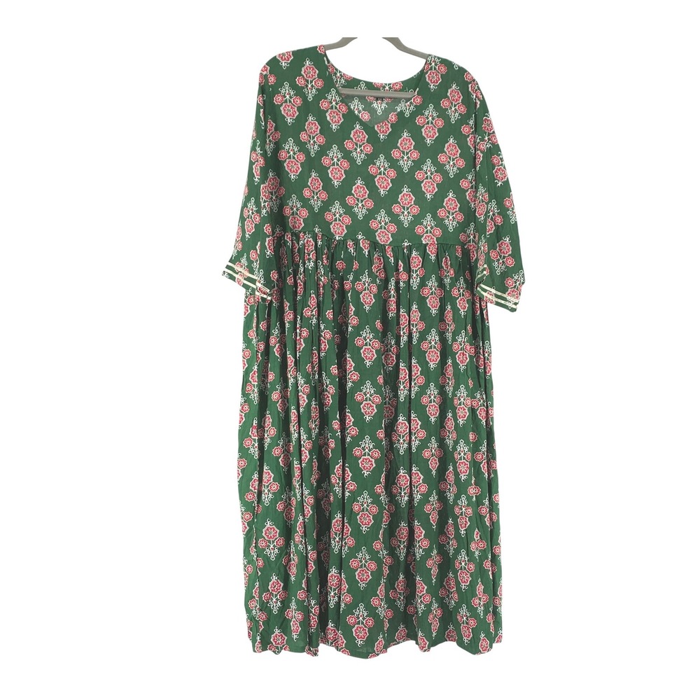 Indian Cotton Floral Block Print Midi Dress Green Red V-Neck Half Sleeve XL